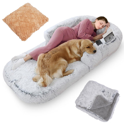 Foldable Human-Size Dog Bed with Pillow & Blanket – Plush Napping Bed for Pets, Kids & Adults (71"x45"x10", Grey)