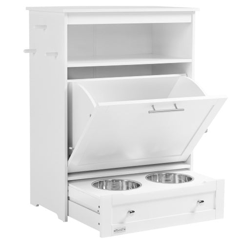 PawHut Pet Feeder Station Locker with Raised Bowls & Storage Cabinet – White MDF Dog Feeding Station
