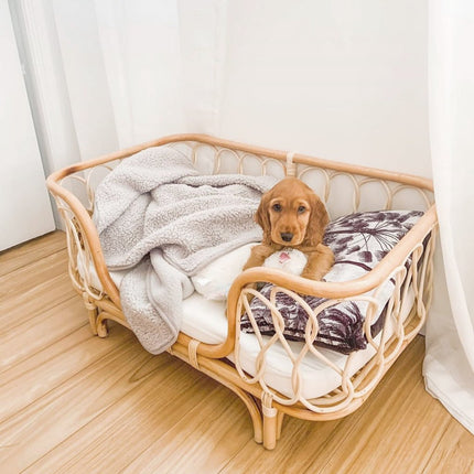 Handmade Rattan Woven Pet Bed Sofa for Dogs – Natural Rattan Pet Nest with Cushion