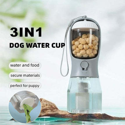 3-in-1 Portable Dog Water Bottle with Food Container & Waste Bag Dispenser | Travel Pet Hydration Cup