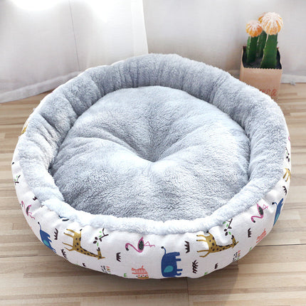 Round Plush Pet Bed with Cotton Padding – Soft Dog & Cat Nest with Cartoon Print