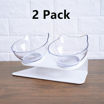 Transparent Cat Double Bowl with 15° Tilt – Elevated Neck Protection Feeding Bowl for Cats & Dogs