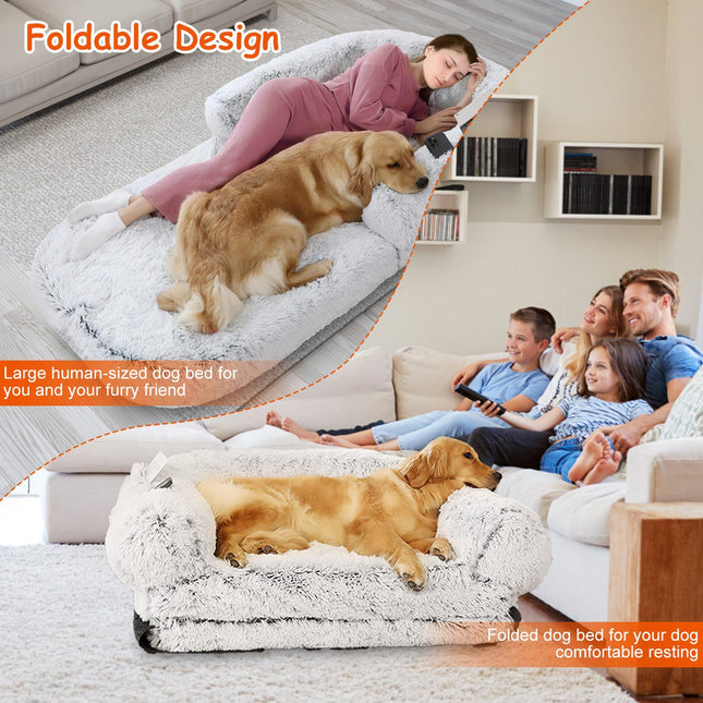 Foldable Human-Size Dog Bed with Pillow & Blanket – Plush Napping Bed for Pets, Kids & Adults (71"x45"x10", Grey)
