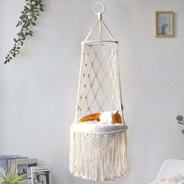 Macrame Hanging Cat Bed – Wall Hanging Macrame Cat Hammock Swing for Indoor Cats