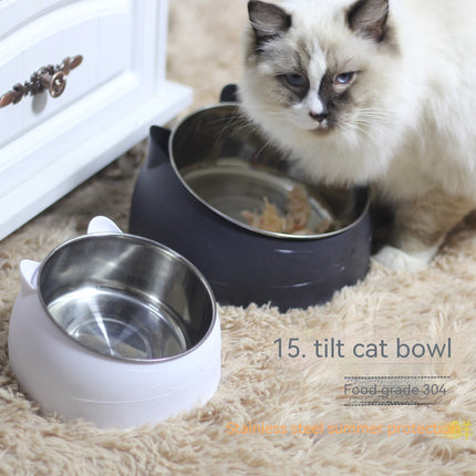 Stainless Steel Cat & Dog Double Bowl with Automatic Water Refill – Oblique Mouth Cervical Protection Pet Feeding Basin