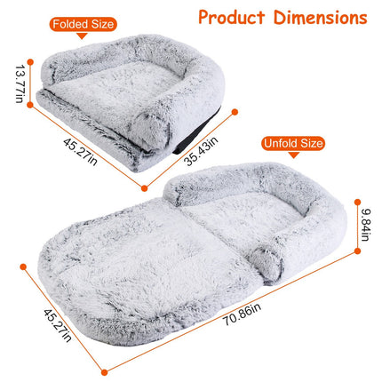 Foldable Human-Size Dog Bed with Pillow & Blanket – Plush Napping Bed for Pets, Kids & Adults (71"x45"x10", Grey)