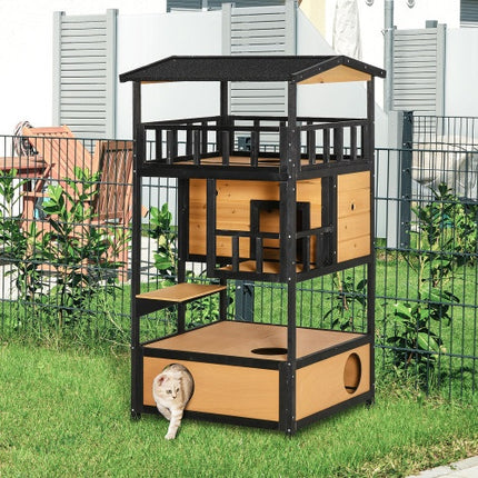 Wooden Outdoor Cat House & Kitten Tree with Asphalt Roof – PawHut Wild Cat Shelter with Jump Platforms