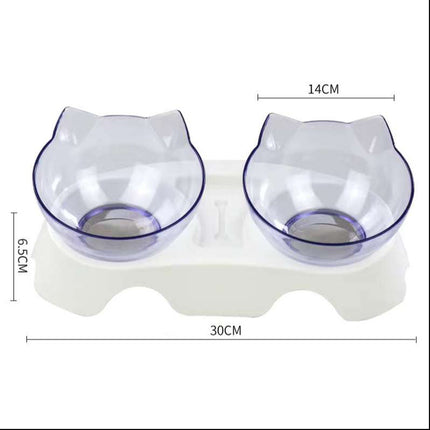 Transparent Cat Double Bowl with 15° Tilt – Elevated Neck Protection Feeding Bowl for Cats & Dogs
