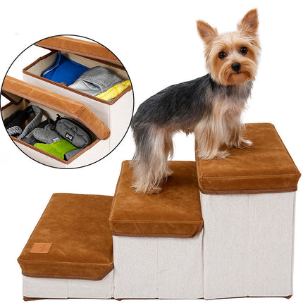 Foldable Storage Pet Dog Stairs with Cushioned Steps – Flannel & Cotton, 25KG Load Capacity