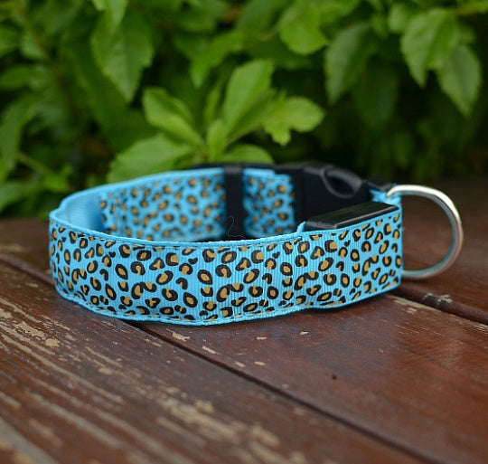 LED Safety Dog Collar – Adjustable Nylon Leopard Print Pet Collar