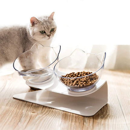 Non-Slip Double Cat Bowl with Raised Stand, 15° Tilted Transparent Cat Head Feeder for Cats & Small Dogs