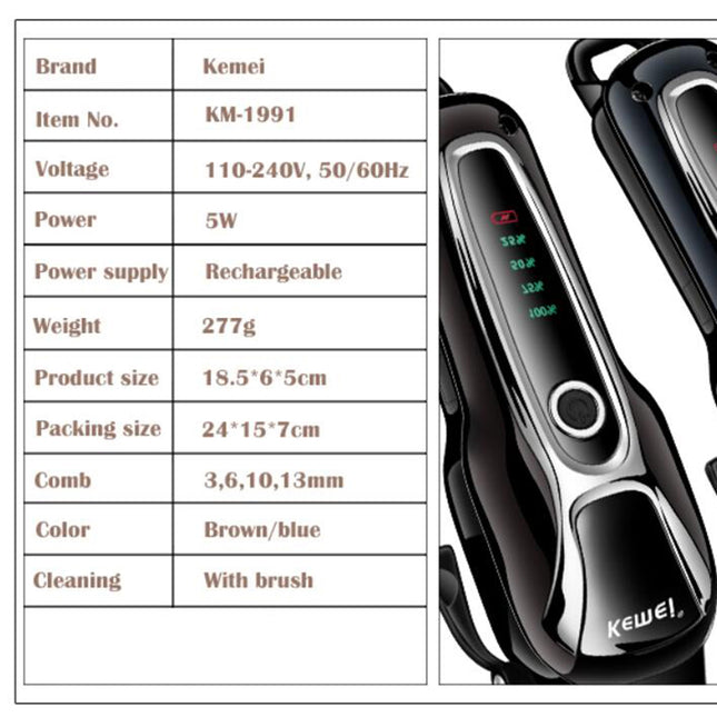 Kemei KM-1991 Professional Pet Hair Clipper – Rechargeable Low-Noise Grooming Trimmer for Dogs & Cats