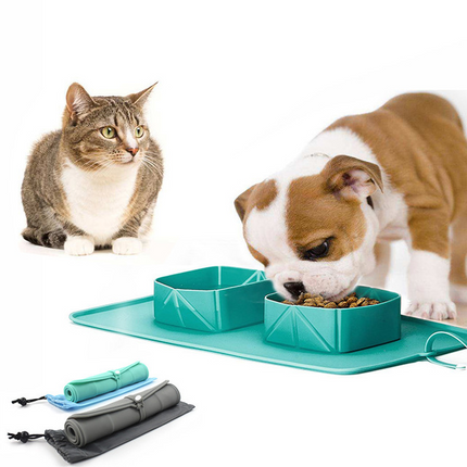 Portable Silicone Folding Double Pet Bowl with Storage Bag for Dogs & Cats