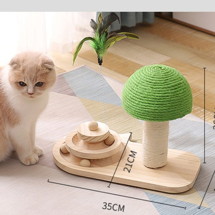 Wooden Cat Scratching Post with Turntable Ball & Feather Toy – Interactive Sisal Claw Scratcher Cat Furniture