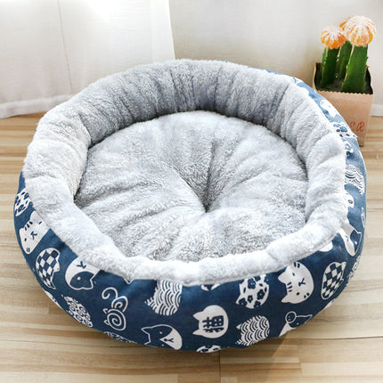 Round Plush Pet Bed with Cotton Padding – Soft Dog & Cat Nest with Cartoon Print