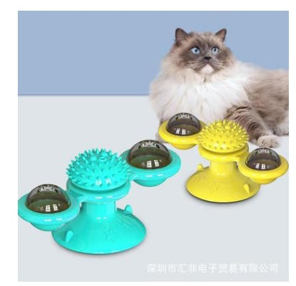 Cat Rotating Windmill Interactive Toy with Suction Base, Catnip & Teeth Grinding Balls