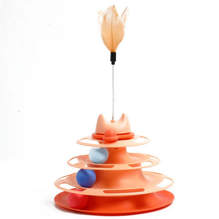 Cat Space Tower Play Board with Feather Teaser & Rolling Balls | Interactive Multi-Layer Cat Toy