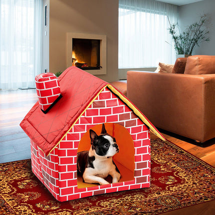 Brick House Style Cat & Dog Indoor Pet Bed with Removable Cushion – Chimney Villa Pet Cabin