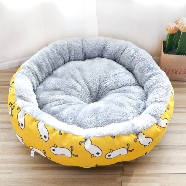 Round Plush Pet Bed with Cotton Padding – Soft Dog & Cat Nest with Cartoon Print