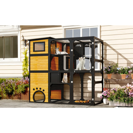 GO Large Outdoor Cat Catio 4-Tier Weatherproof Cat Enclosure with Platforms & Resting Rooms – Brown