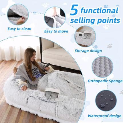 Human Dog Bed – Washable Faux Fur Orthopedic Dog Bed for People & Pets (71"x45"x14", Grey)