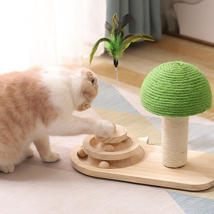 Wooden Cat Scratching Post with Turntable Ball & Feather Toy – Interactive Sisal Claw Scratcher Cat Furniture
