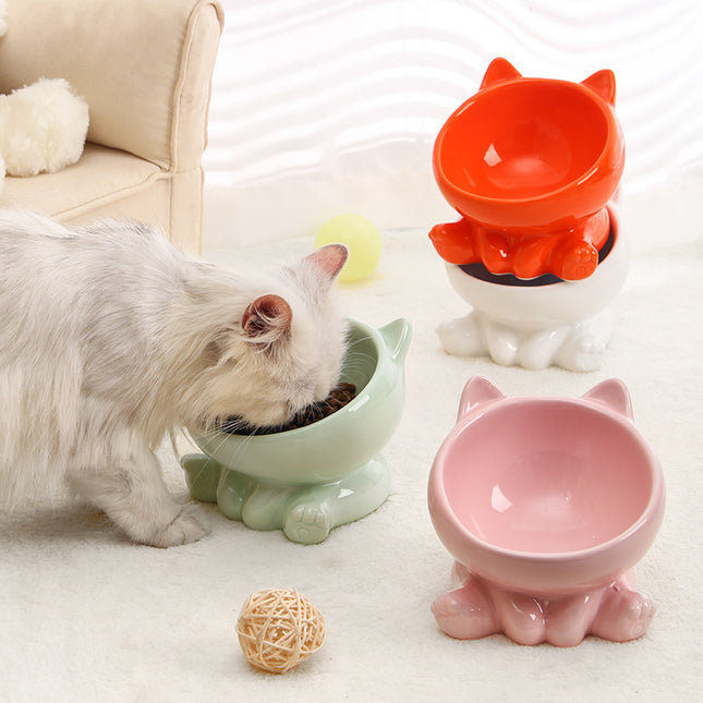 Ceramic Cat Bowl with Oblique Mouth Neck Guard – Elevated Cat & Dog Feeding Bowl