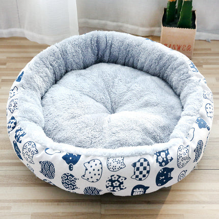 Round Plush Pet Bed with Cotton Padding – Soft Dog & Cat Nest with Cartoon Print