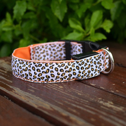 LED Safety Dog Collar – Adjustable Nylon Leopard Print Pet Collar