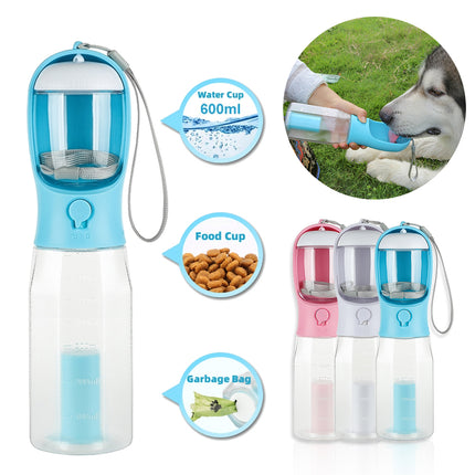 Portable 3-in-1 Dog & Cat Water Bottle with Food Feeder and Poop Bag Dispenser – Leak-Proof Pet Travel Cup