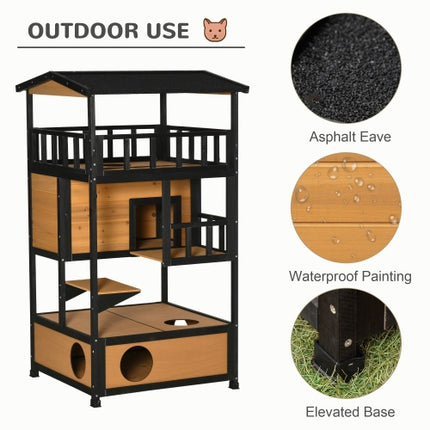 Wooden Outdoor Cat House & Kitten Tree with Asphalt Roof – PawHut Wild Cat Shelter with Jump Platforms