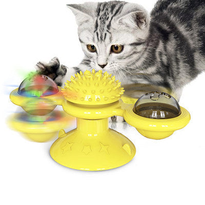 Cat Rotating Windmill Interactive Toy with Suction Base, Catnip & Teeth Grinding Balls