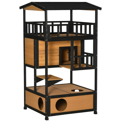 Wooden Outdoor Cat House & Kitten Tree with Asphalt Roof – PawHut Wild Cat Shelter with Jump Platforms