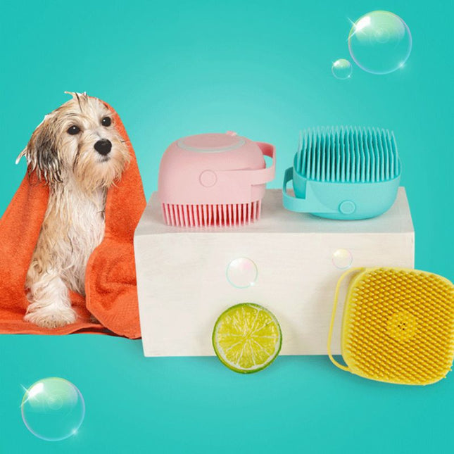 Soft Silicone Bristles Pet Bath Brush with Shampoo Dispenser – Cat & Dog Grooming Scrubber
