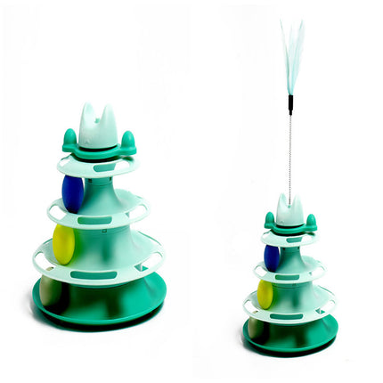 Cat Space Tower Play Board with Feather Teaser & Rolling Balls | Interactive Multi-Layer Cat Toy