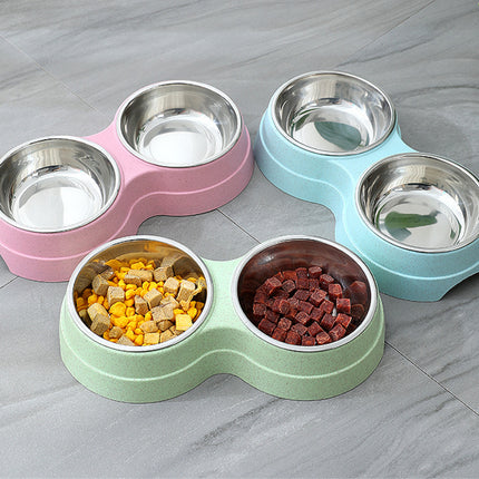 Double Pet Food & Water Bowl – Stainless Steel Feeding Dish for Cats, Puppies & Small Dogs