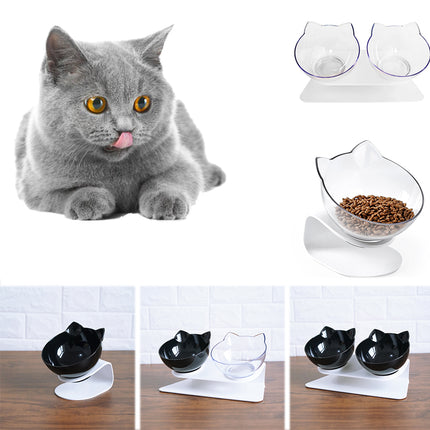 Transparent Cat Double Bowl with 15° Tilt – Elevated Neck Protection Feeding Bowl for Cats & Dogs