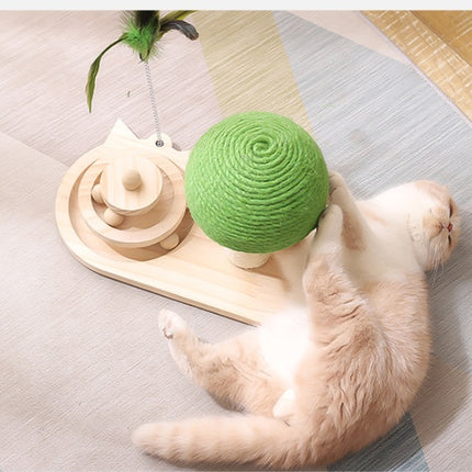 Wooden Cat Scratching Post with Turntable Ball & Feather Toy – Interactive Sisal Claw Scratcher Cat Furniture