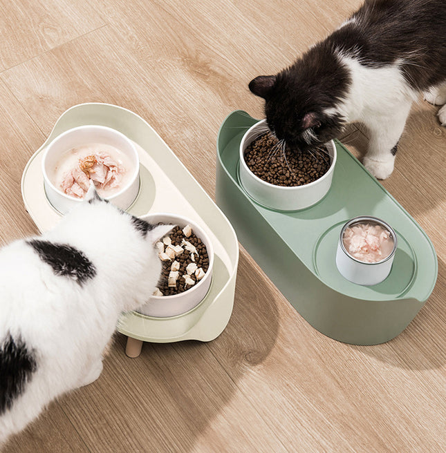 Tilted Double Pet Bowl with Raised Stand – Cervical Protection Cat & Dog Food and Water Feeder
