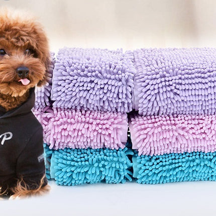 Super Absorbent Chenille Pet Bath Towel – Quick Drying Dog & Cat Drying Towel (Blue / Pink / Purple)