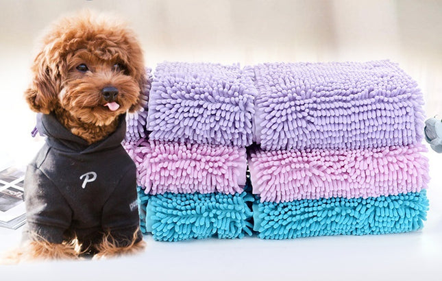 Super Absorbent Chenille Pet Bath Towel – Quick Drying Dog & Cat Drying Towel (Blue / Pink / Purple)