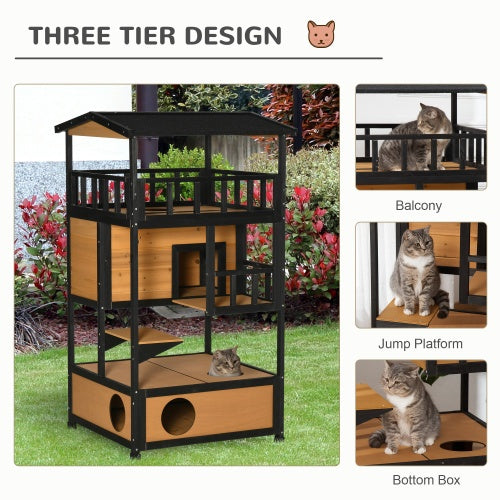 Wooden Outdoor Cat House & Kitten Tree with Asphalt Roof – PawHut Wild Cat Shelter with Jump Platforms
