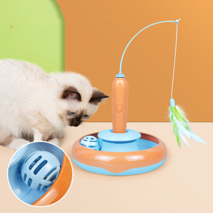 2-in-1 Interactive Cat Turntable Toy with Feather Teaser & Ball Track – Self-Play Training Toy