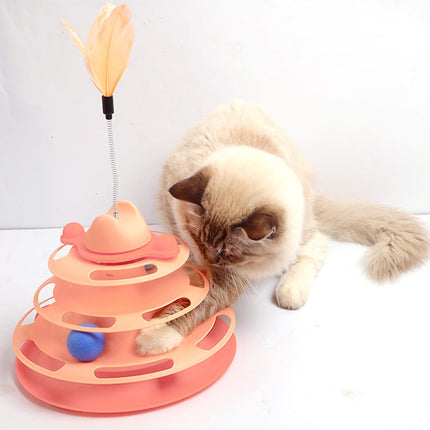 Cat Space Tower Play Board with Feather Teaser & Rolling Balls | Interactive Multi-Layer Cat Toy