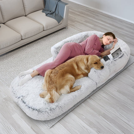 Foldable Human-Size Dog Bed with Pillow & Blanket – Plush Napping Bed for Pets, Kids & Adults (71"x45"x10", Grey)