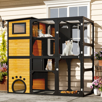 GO Large Outdoor Cat Catio 4-Tier Weatherproof Cat Enclosure with Platforms & Resting Rooms – Brown