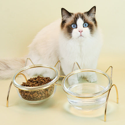 Raised Glass Cat Bowl Feeder with Metal Stand – Transparent Food & Water Dish for Cats and Puppies