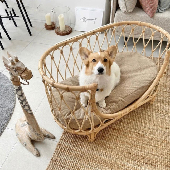 Handmade Rattan Woven Pet Bed Sofa for Dogs – Natural Rattan Pet Nest with Cushion