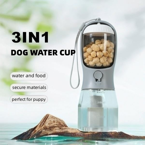 3-in-1 Portable Dog Water Bottle with Food Container & Waste Bag Dispenser | Travel Pet Hydration Cup