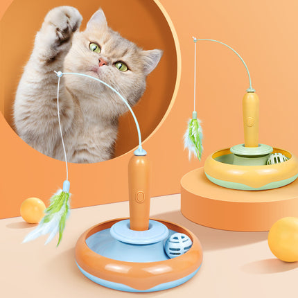 2-in-1 Interactive Cat Turntable Toy with Feather Teaser & Ball Track – Self-Play Training Toy